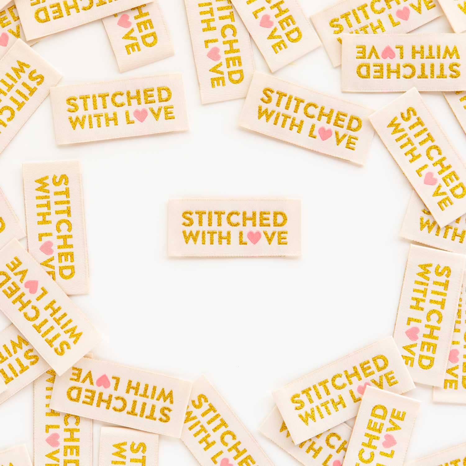 Stitched with Love - Gold Sewing Woven Clothing Label Tags - Boho Fabrics - Sew - in Labels