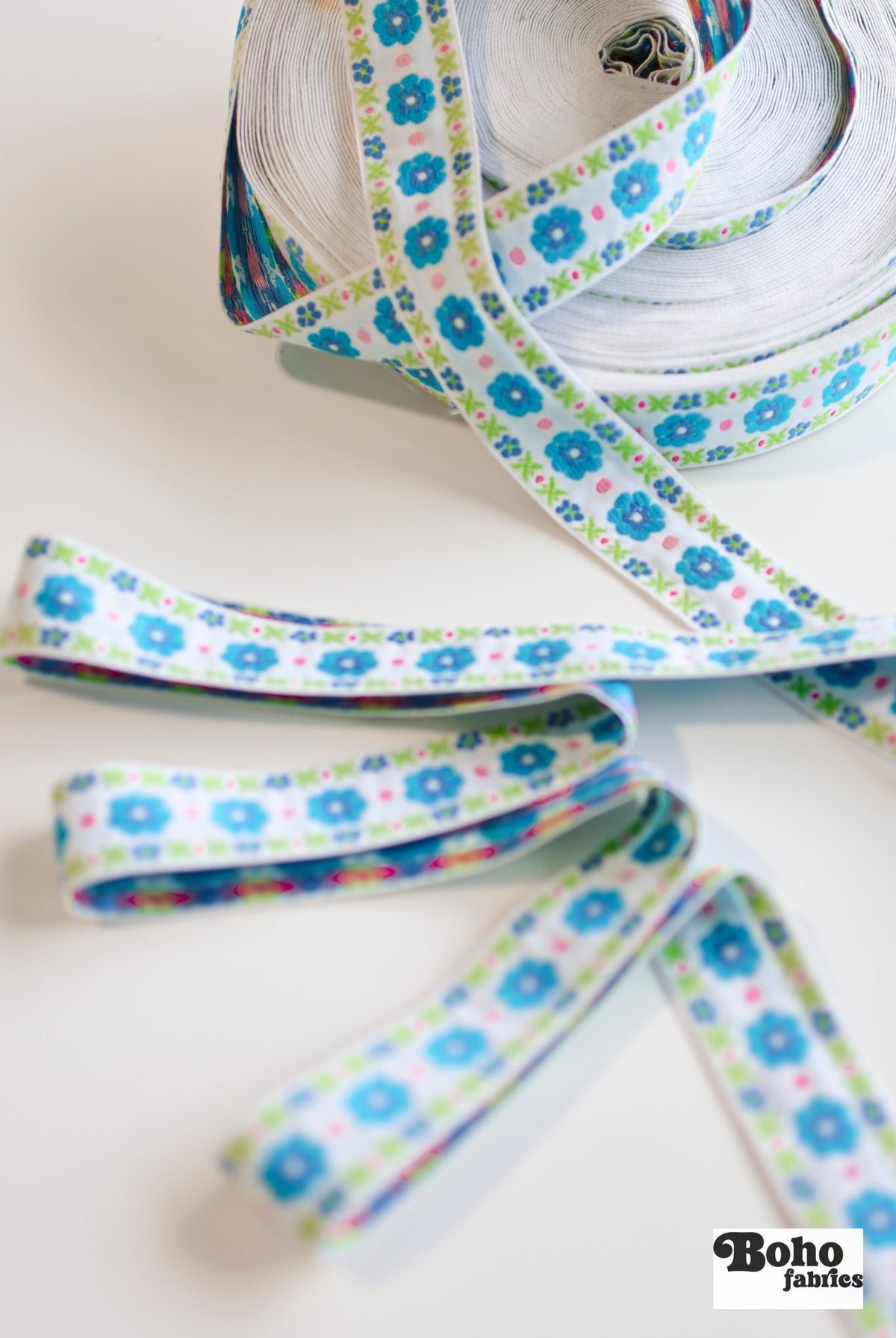 Stitchwork Blooms in Blue & Green, 1 5/16" Vintage Jacquard Woven Trim TRIM - 033 - Boho Fabrics - Trims