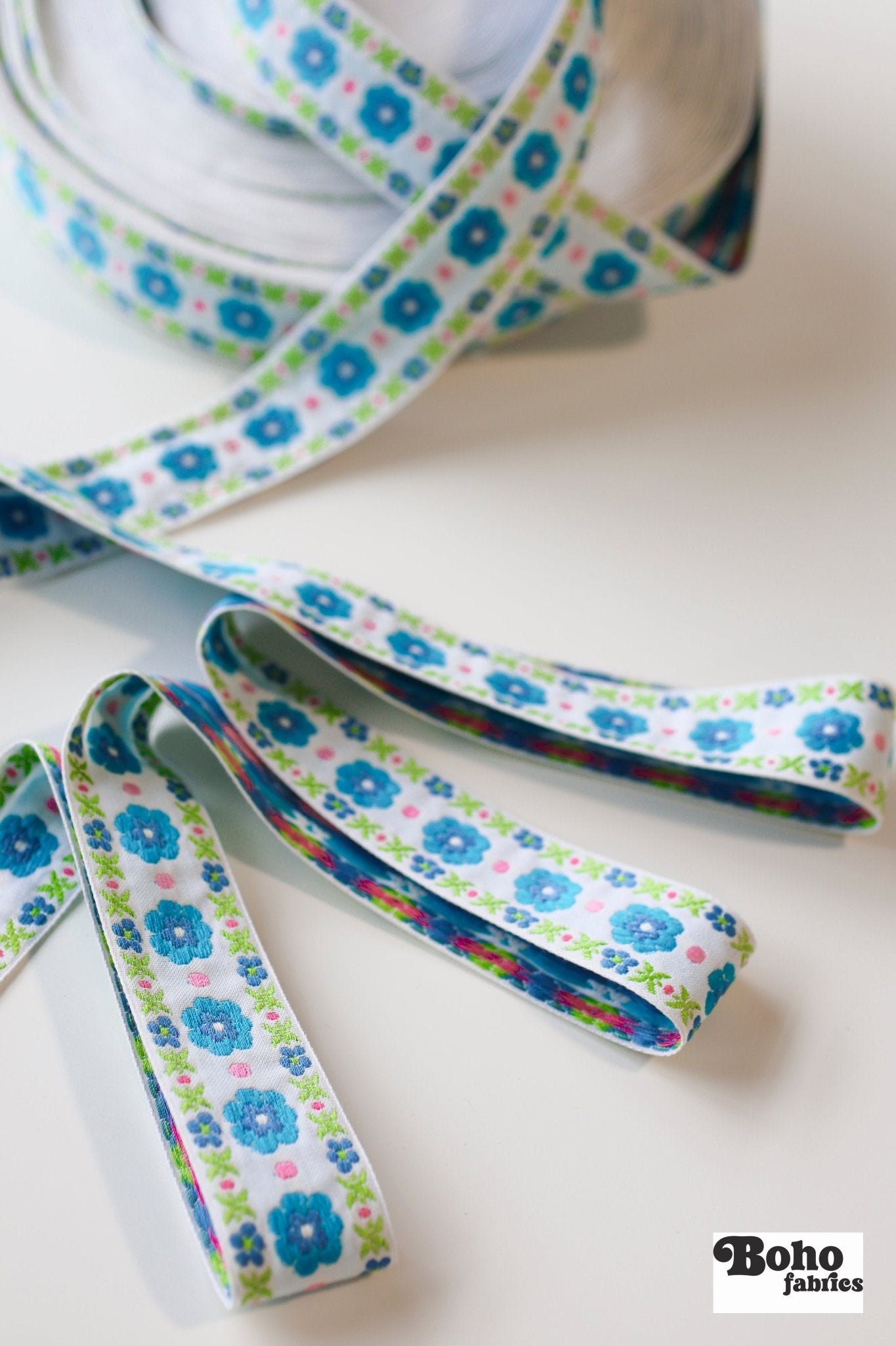 Stitchwork Blooms in Blue & Green, 1 5/16" Vintage Jacquard Woven Trim TRIM - 033 - Boho Fabrics - Trims