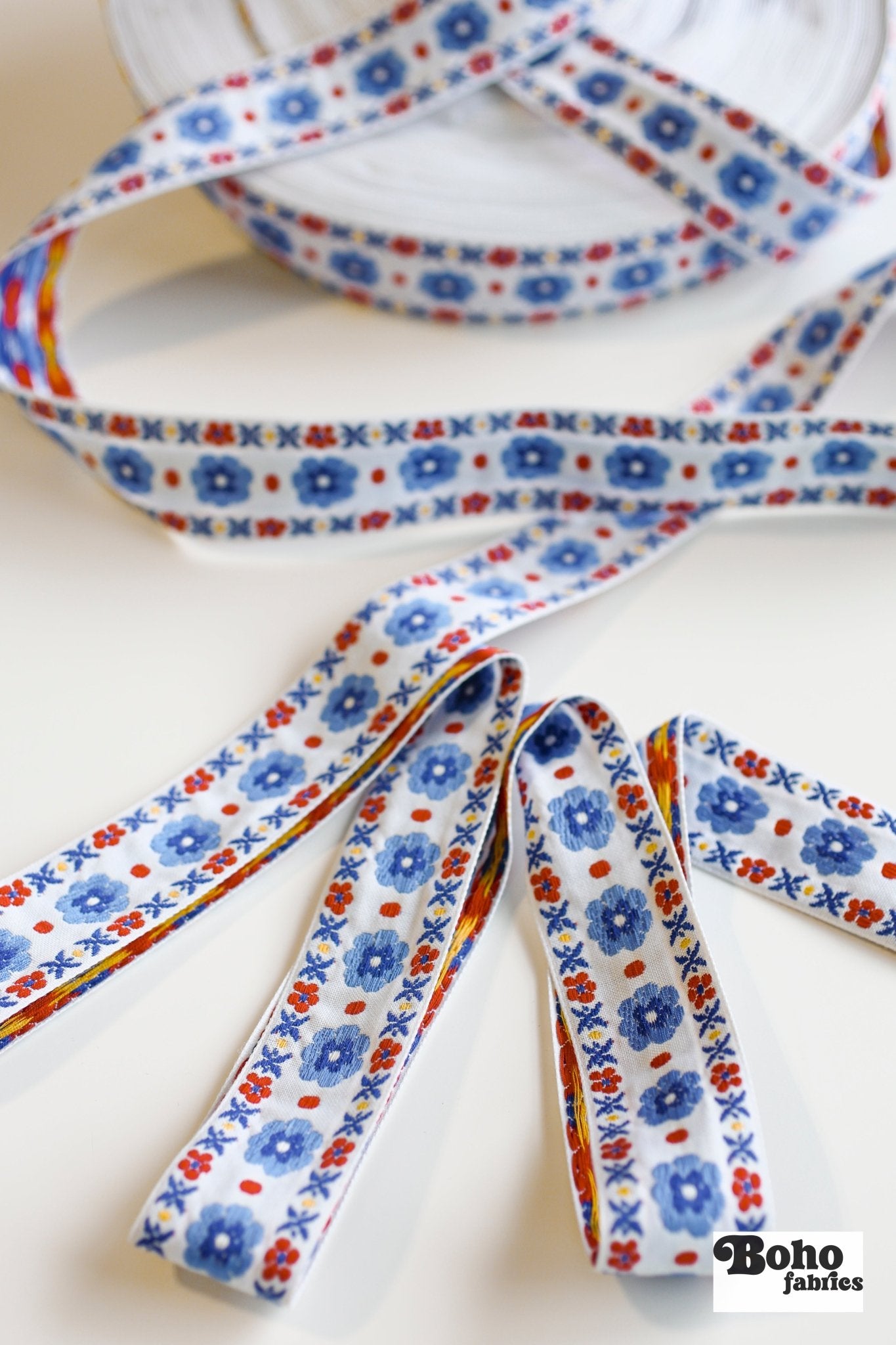 Stitchwork Blooms in Blue & Red, 1 3/8" Vintage Jacquard Trim, TRIM - 029 - Boho Fabrics - Trims