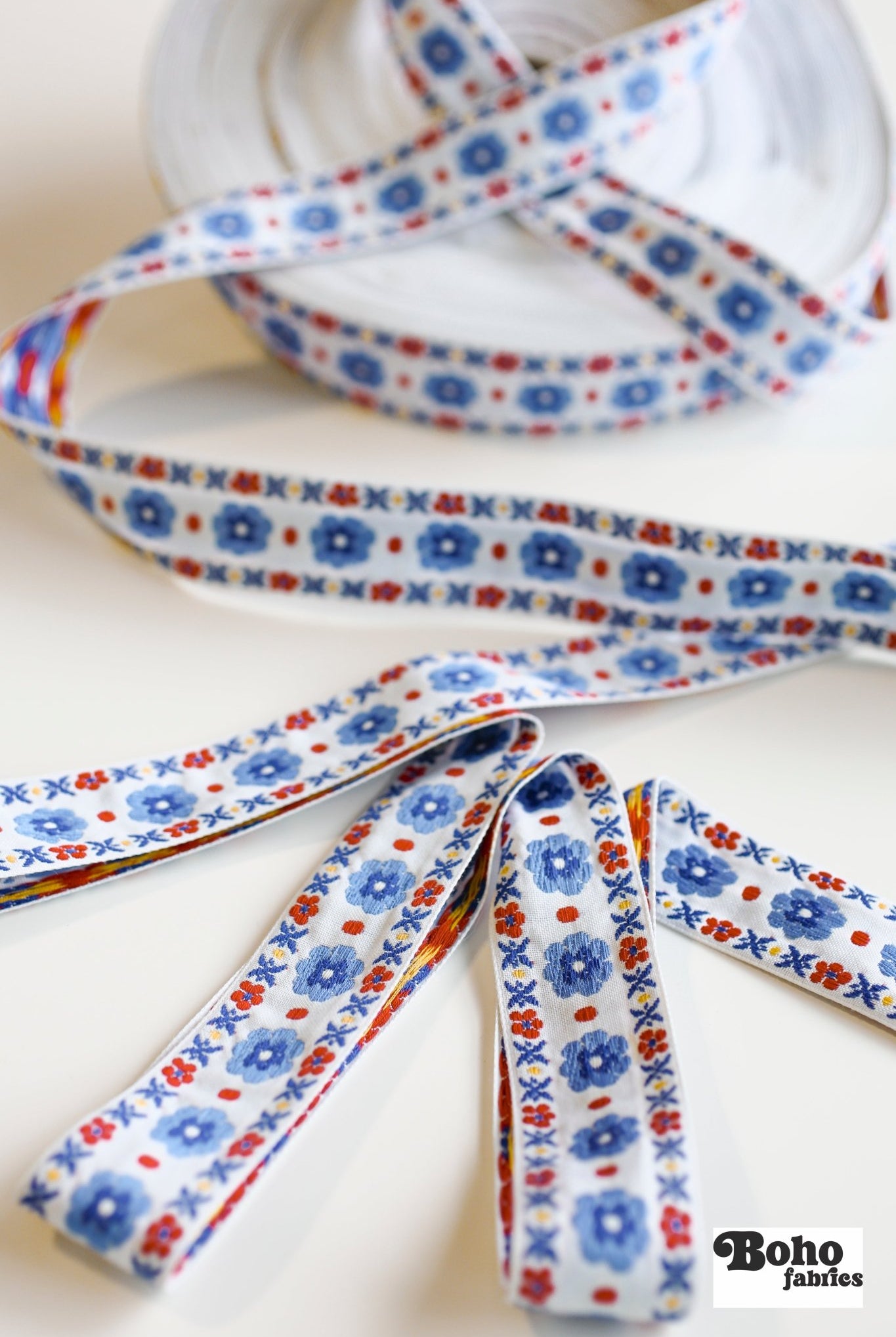 Stitchwork Blooms in Blue & Red, 1 3/8" Vintage Jacquard Trim, TRIM - 029 - Boho Fabrics - Trims
