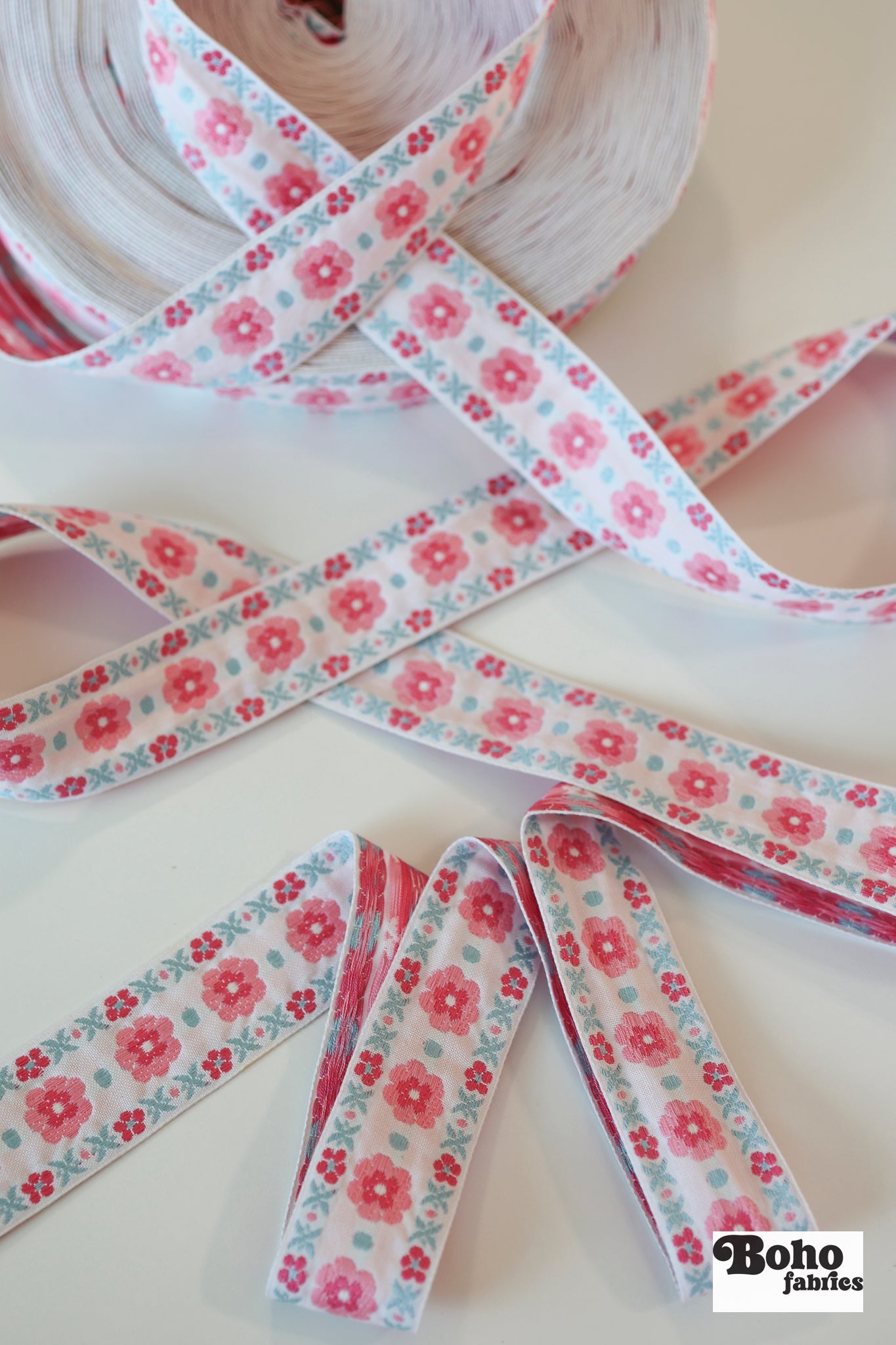 Stitchwork Blooms in Pink, 1 5/16" Vintage Jacquard Woven Trim, TRIM - 040 - Boho Fabrics - Trims