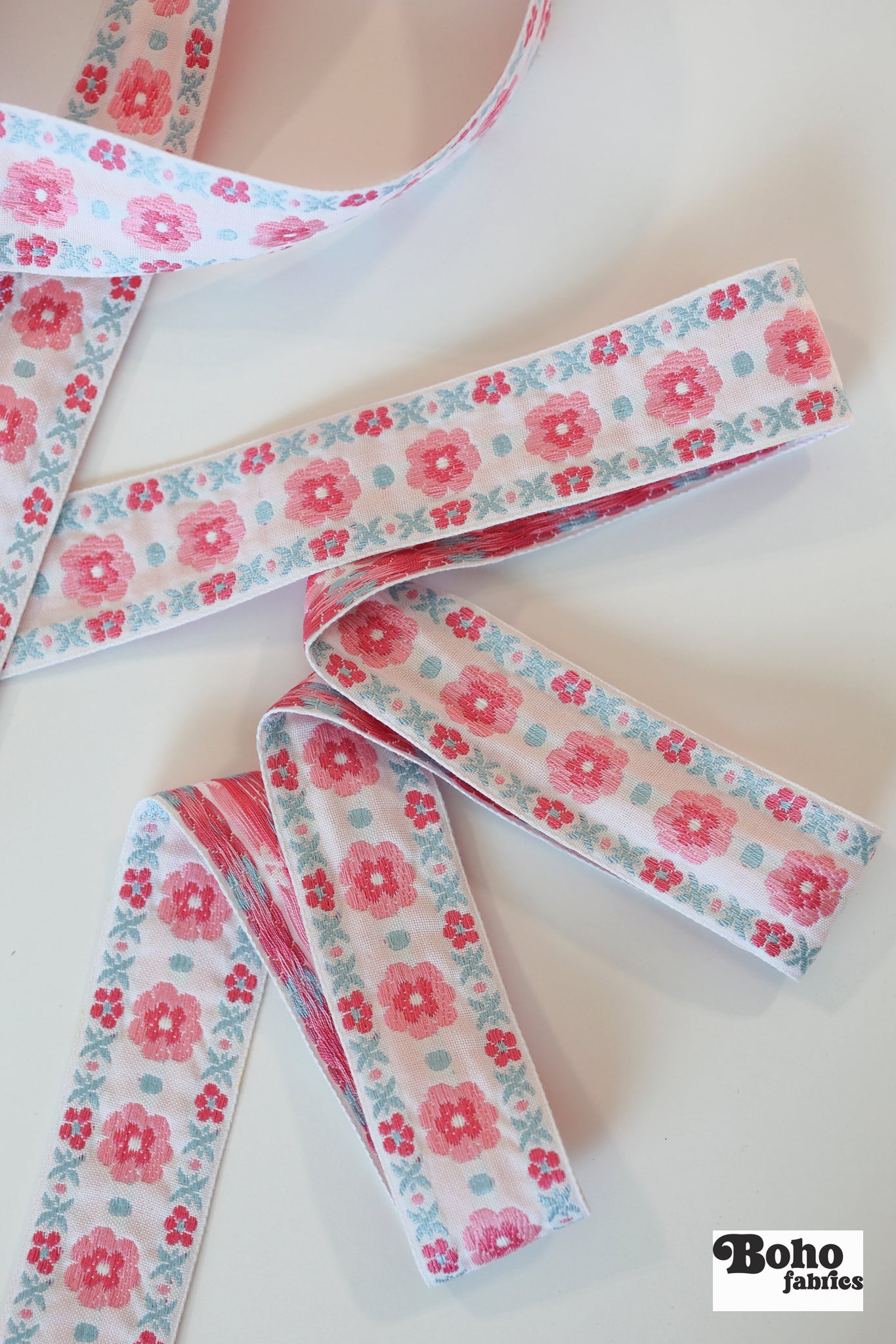 Stitchwork Blooms in Pink, 1 5/16" Vintage Jacquard Woven Trim, TRIM - 040 - Boho Fabrics - Trims