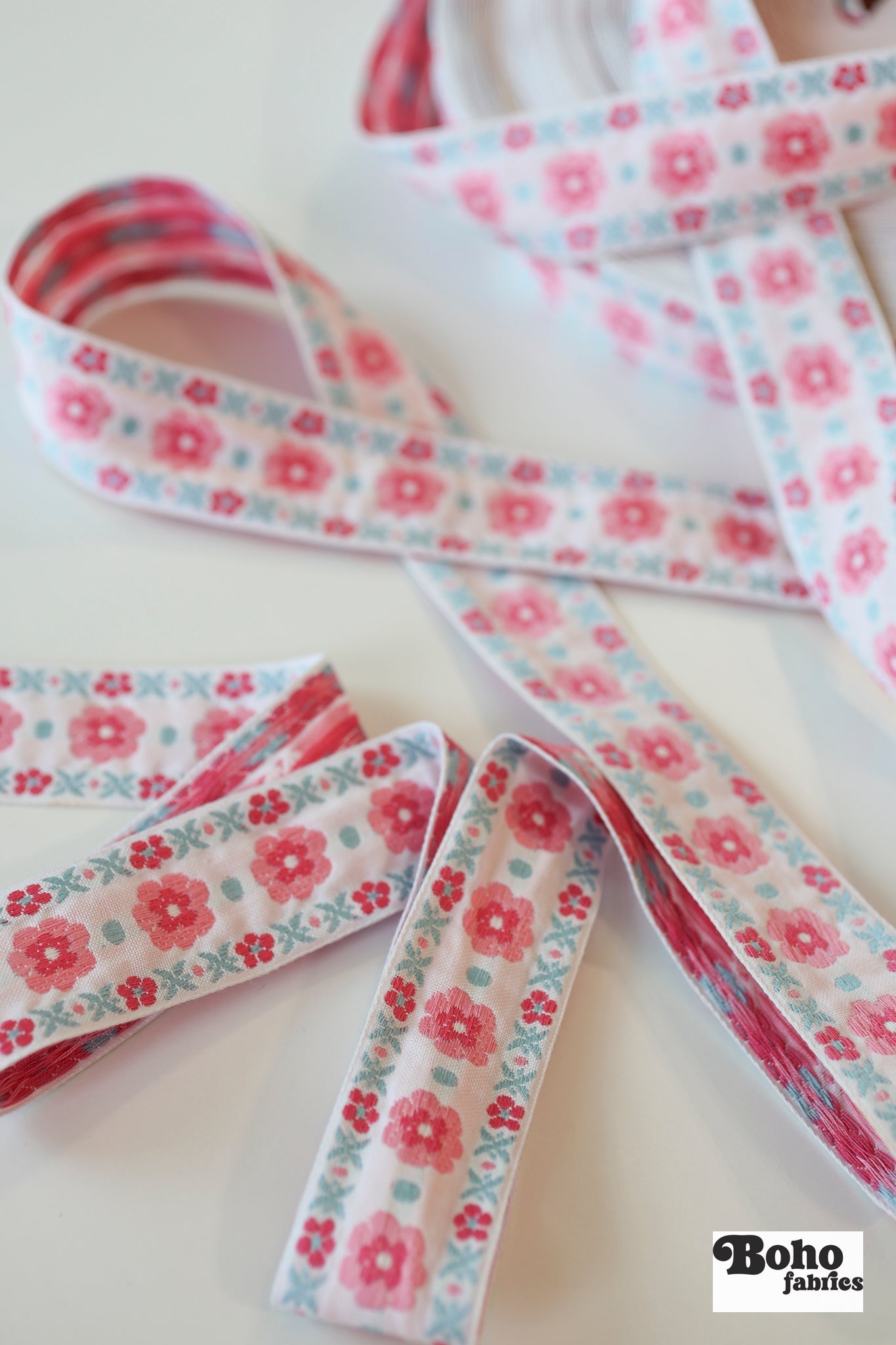 Stitchwork Blooms in Pink, 1 5/16" Vintage Jacquard Woven Trim, TRIM - 040 - Boho Fabrics - Trims