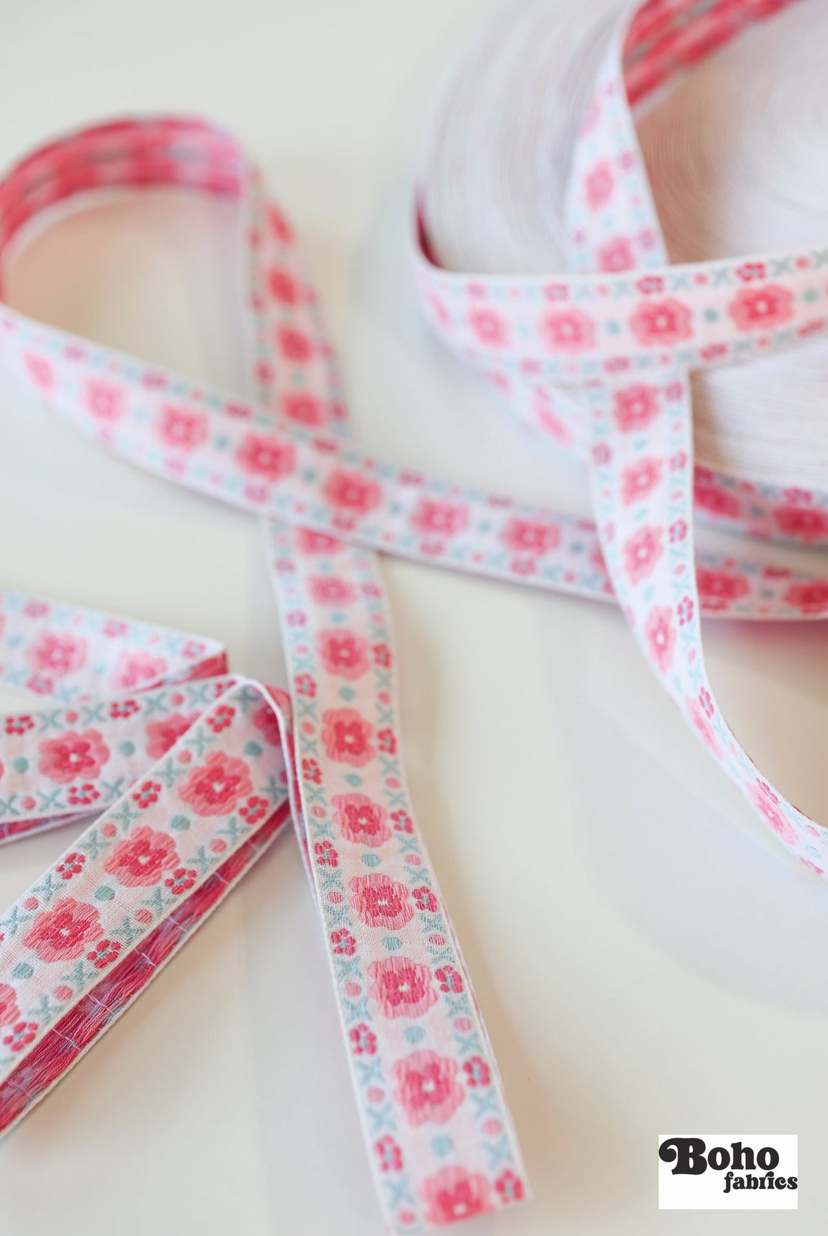 Stitchwork Blooms in Pink, 1" Vintage Jacquard Woven Trim, TRIM - 028 - Boho Fabrics - Trims