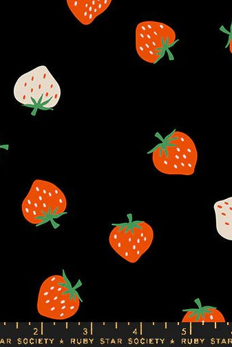 Strawberries in Black by Kimberly Kight for Ruby Star Society - Strawberry Collection. Cotton Fabric - RS3085 22 - Boho Fabrics - Quilting Cotton, Woven