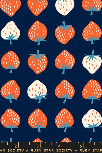 Strawberries in Navy by Kimberly Kight for Ruby Star Society - Strawberry Collection. Cotton Fabric - RS3084 23 - Boho Fabrics - Quilting Cotton, Woven