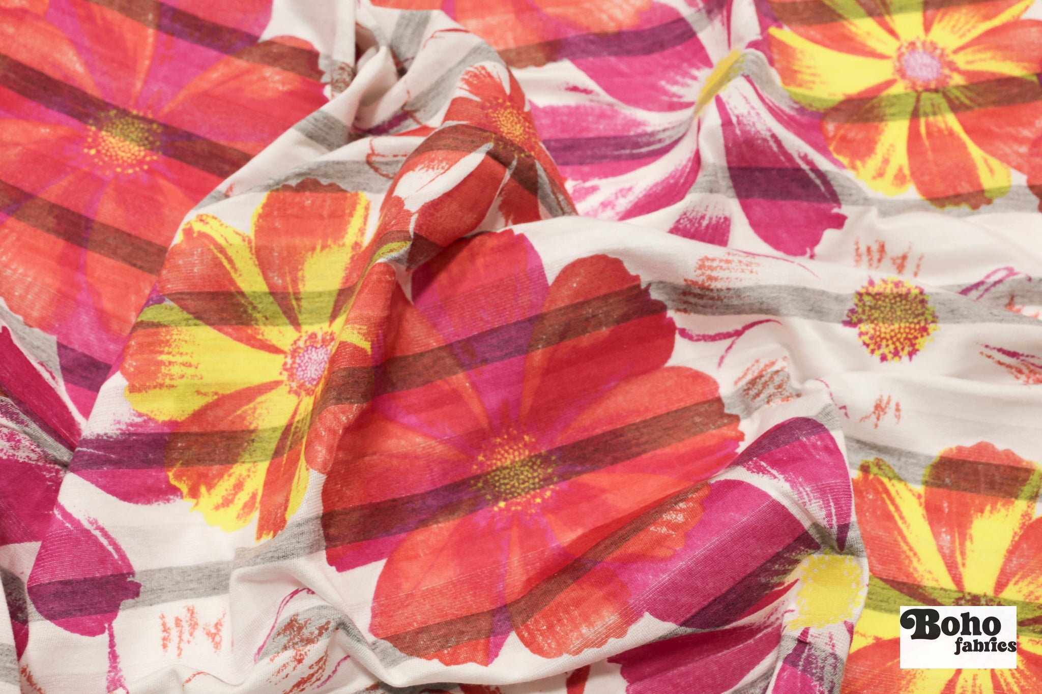 Striped Floral Jersey Knit Fabric - Boho Fabrics - Jersey Knit Printed Fabric