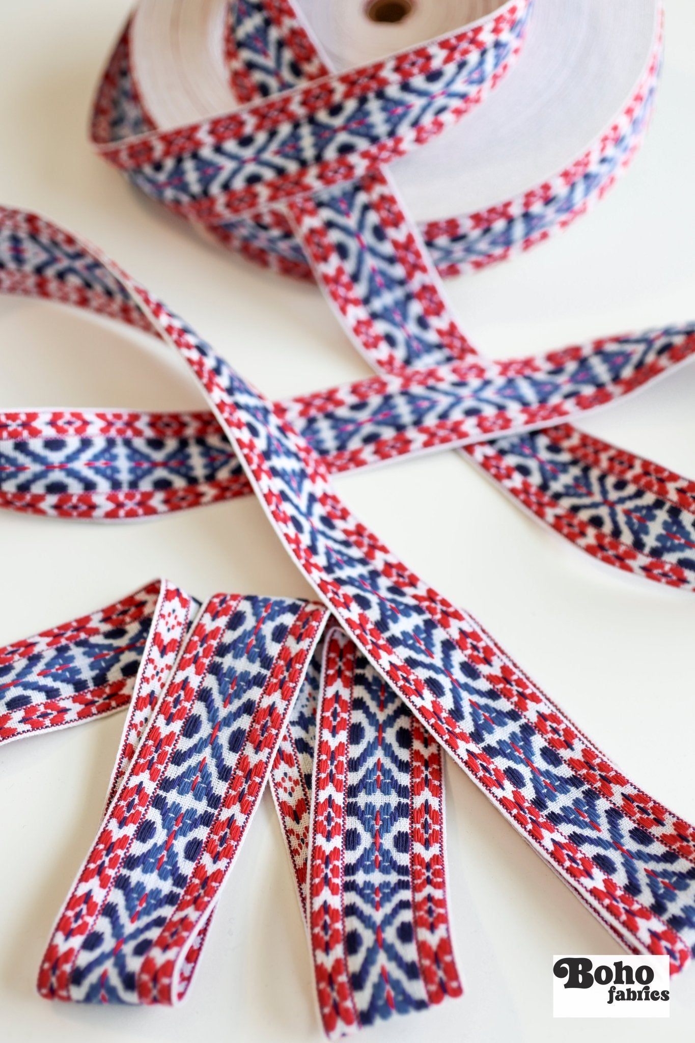 Summitline in Red, White & Blue. 1.625" Jacquard Woven Trim. TRIM - 074 - Boho Fabrics - Trims
