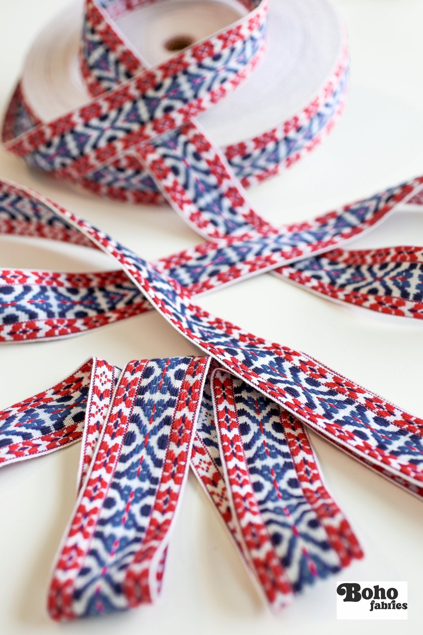 Summitline in Red, White & Blue. 1.625" Jacquard Woven Trim. TRIM - 074 - Boho Fabrics - Trims