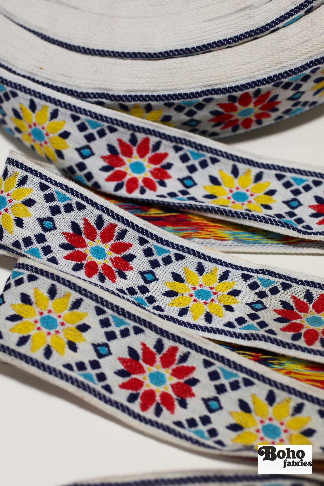 Sunburst Petals in Red/Yellow. Vintage Jacquard Ribbon TRIM - 041 - Boho Fabrics - Trims