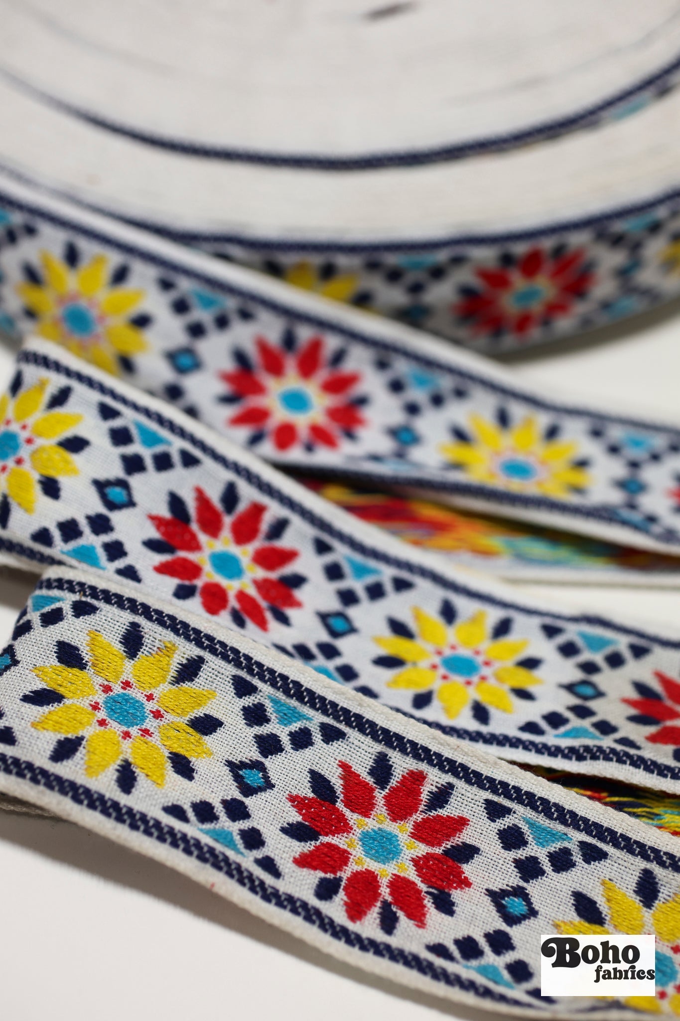 Sunburst Petals in Red/Yellow. Vintage Jacquard Ribbon TRIM - 041 - Boho Fabrics - Trims