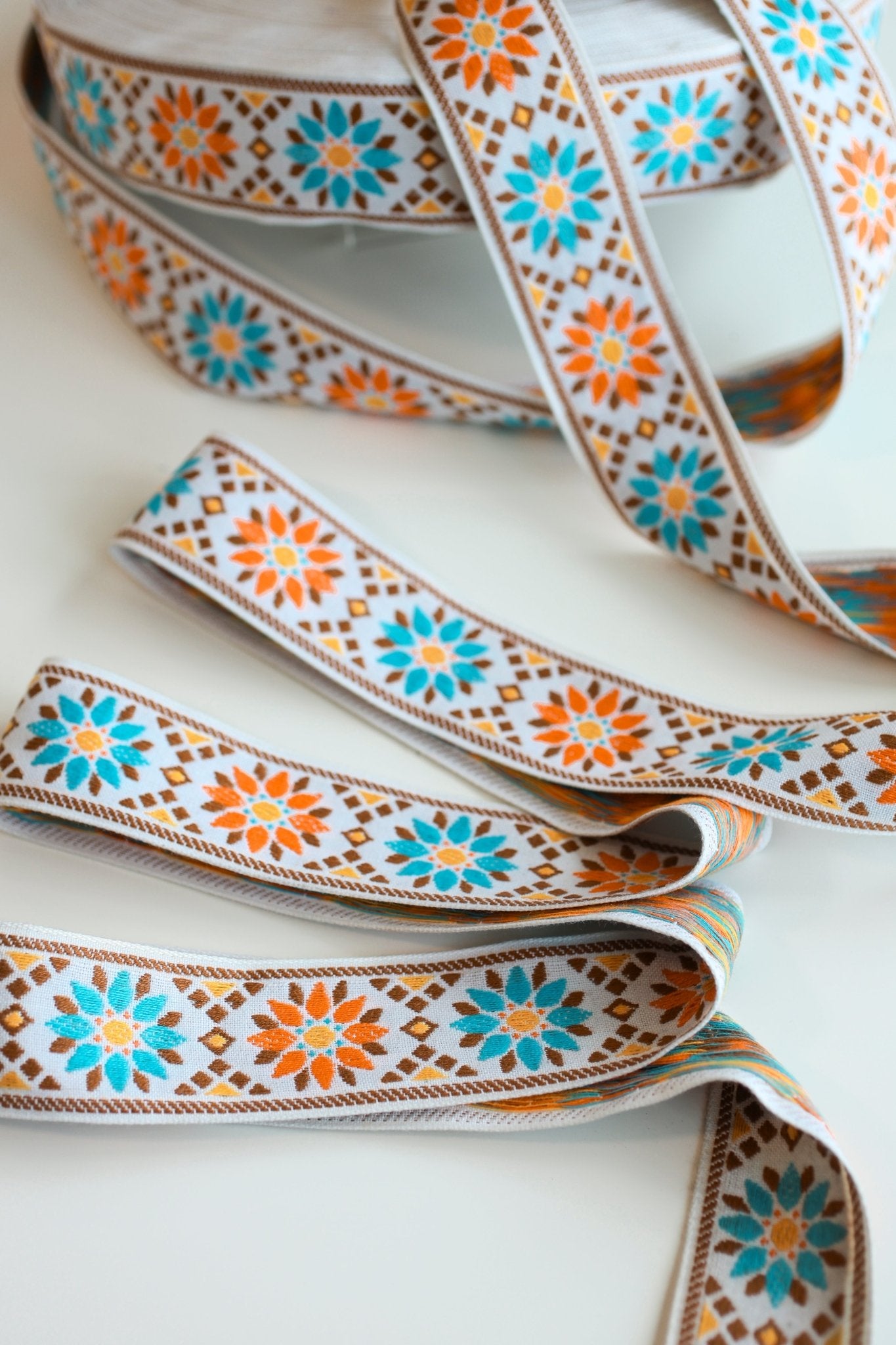 Sunburst Petals in Turquoise & Orange. Vintage Jacquard Ribbon TRIM - 016 - Boho Fabrics - Trims