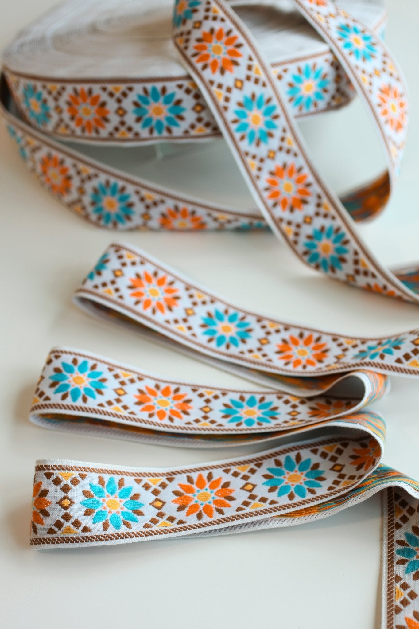 Sunburst Petals in Turquoise & Orange. Vintage Jacquard Ribbon TRIM - 016 - Boho Fabrics - Trims