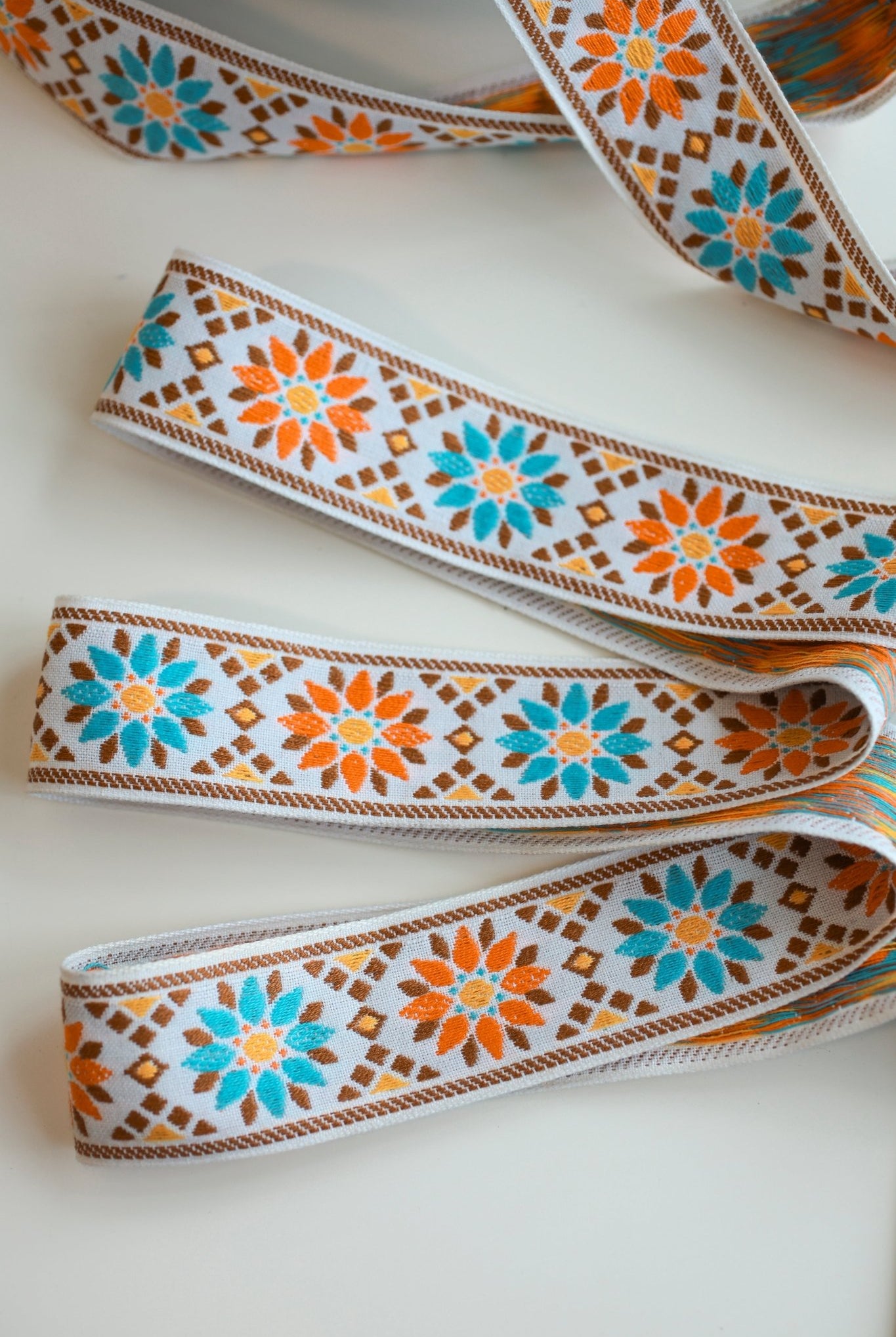 Sunburst Petals in Turquoise & Orange. Vintage Jacquard Ribbon TRIM - 016 - Boho Fabrics - Trims