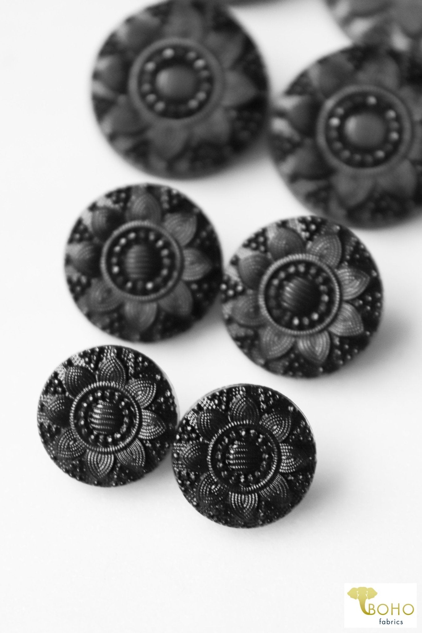 Sunflower Sophisticate, Shank Buttons in Black. Available in 12mm, 15mm, 23mm - Boho Fabrics