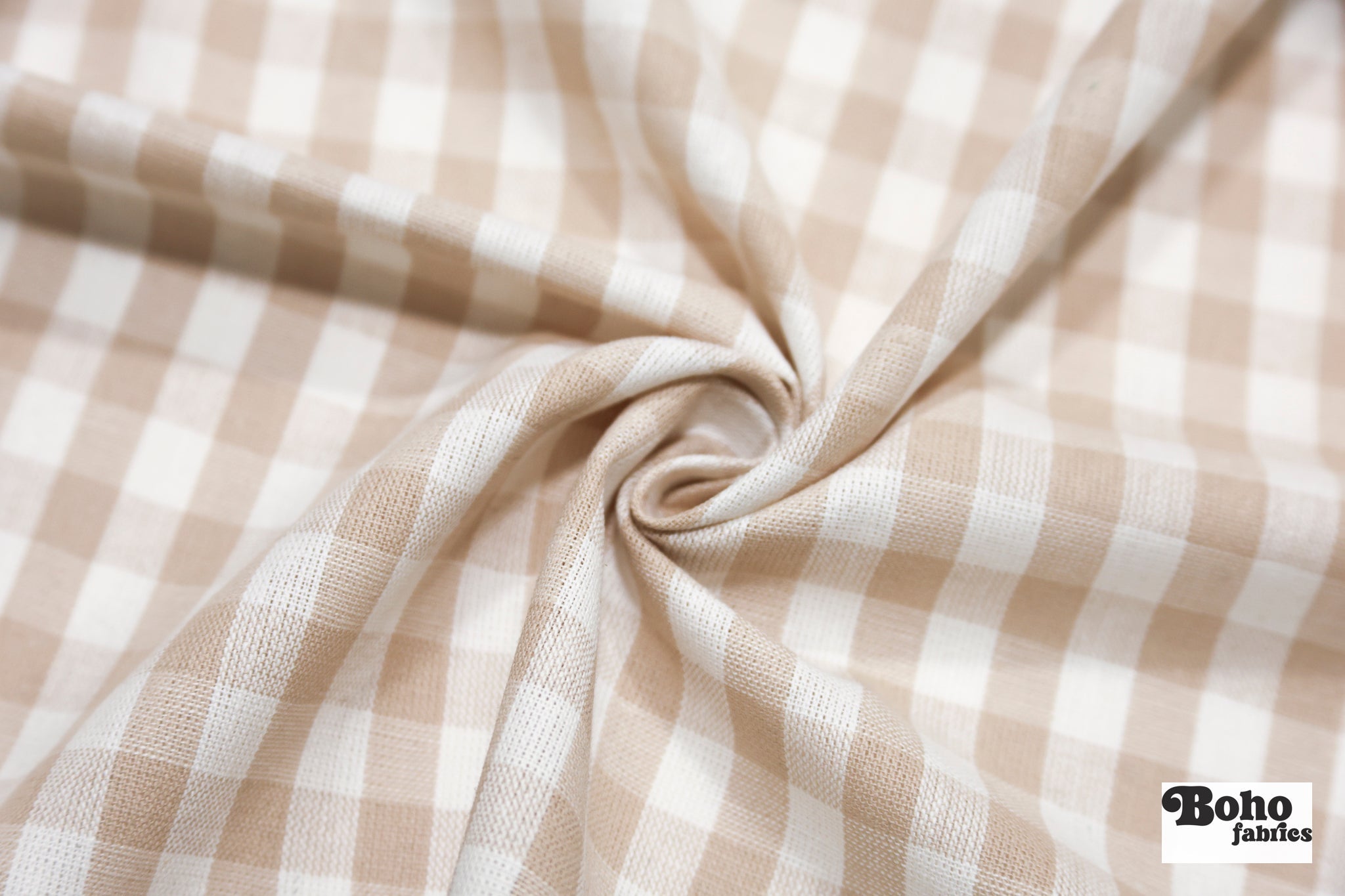 Tan and White Gingham Woven Fabric - Boho Fabrics - Woven, Fabric