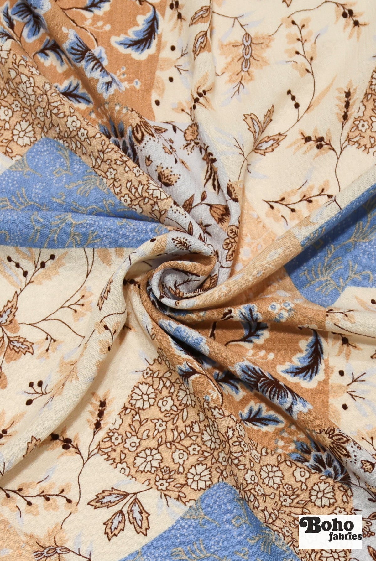 Tan, Blue, and Cream Botanical Patchwork Rayon Crepe Woven Fabric - Boho Fabrics - Crepe, Woven