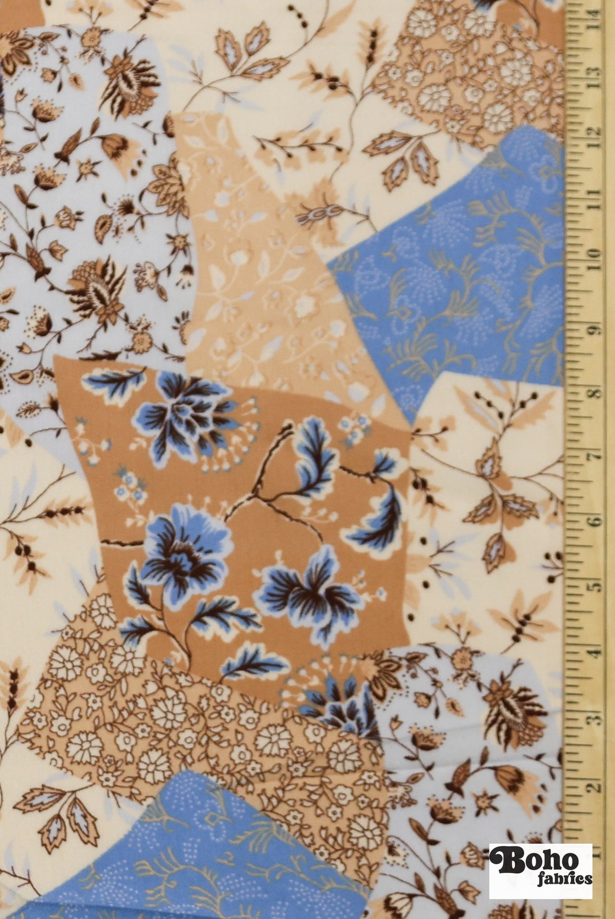 Tan, Blue, and Cream Botanical Patchwork Rayon Crepe Woven Fabric - Boho Fabrics - Crepe, Woven