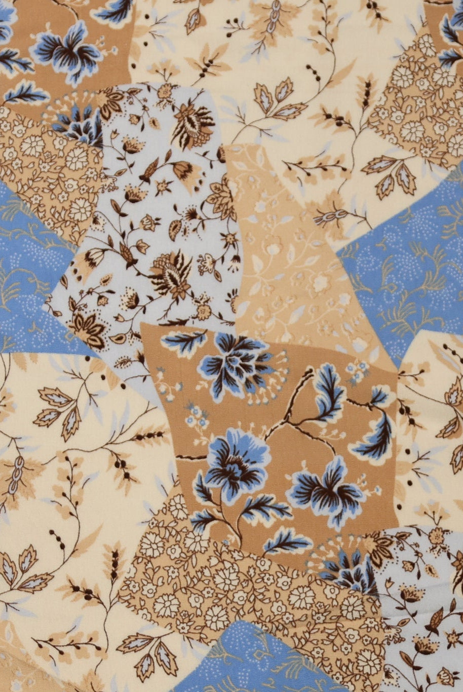 Tan, Blue, and Cream Botanical Patchwork Rayon Crepe Woven Fabric - Boho Fabrics - Crepe, Woven