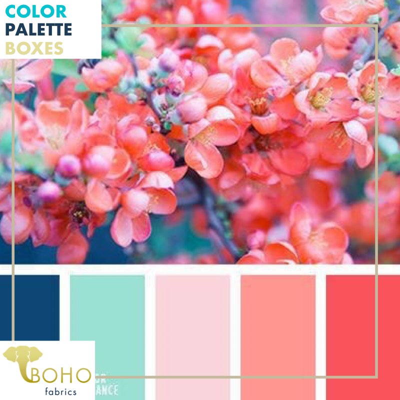 "Teal and Coral Blooms", Mystery Color Palette Box. - Boho Fabrics
