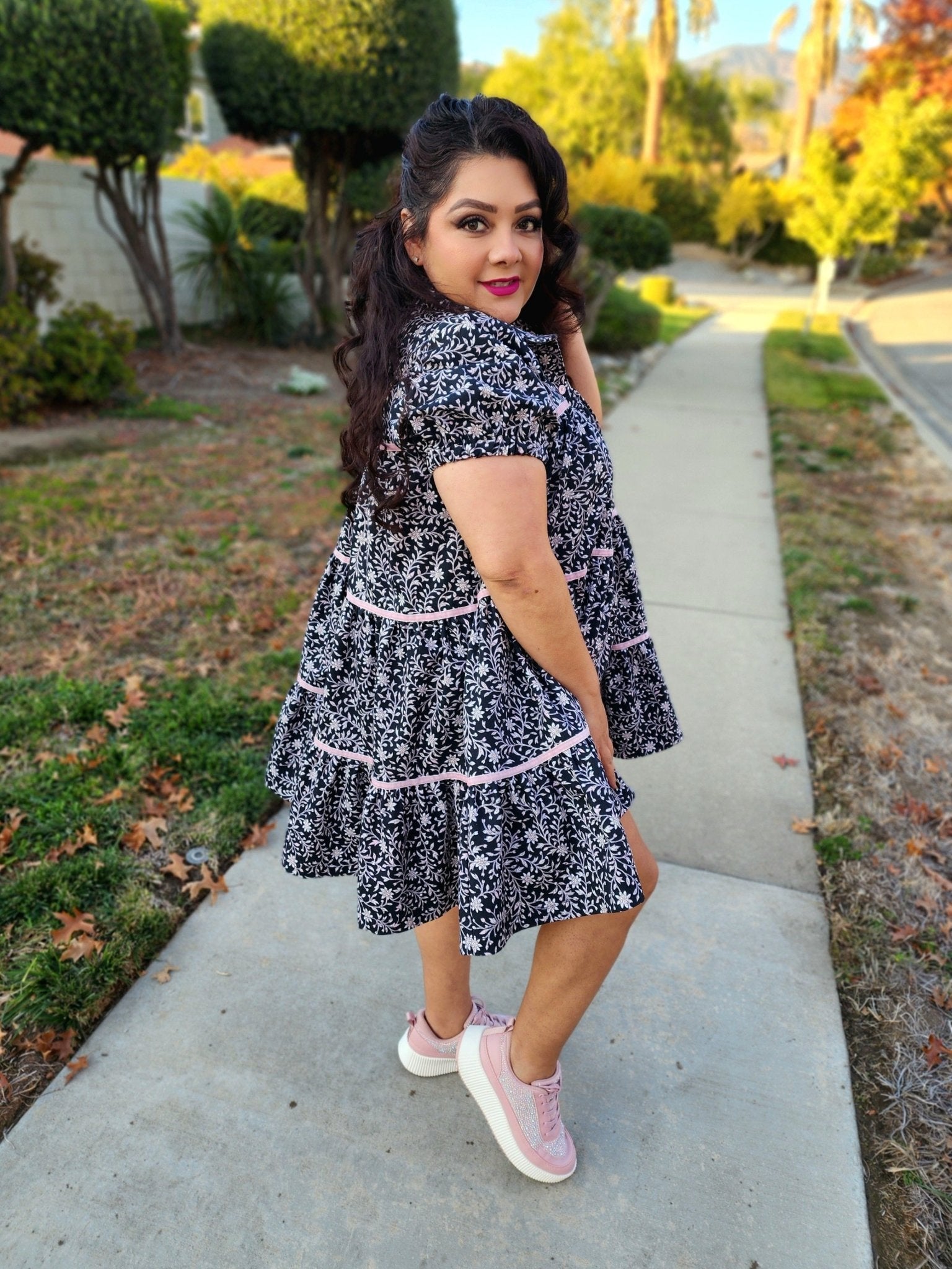 Topiary Blooms, Light Pink Print on Black, Twill Woven Fabric - Boho Fabrics - Twill, Woven