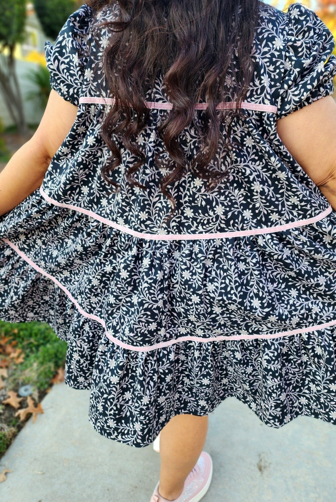Topiary Blooms, Light Pink Print on Black, Twill Woven Fabric - Boho Fabrics - Twill, Woven