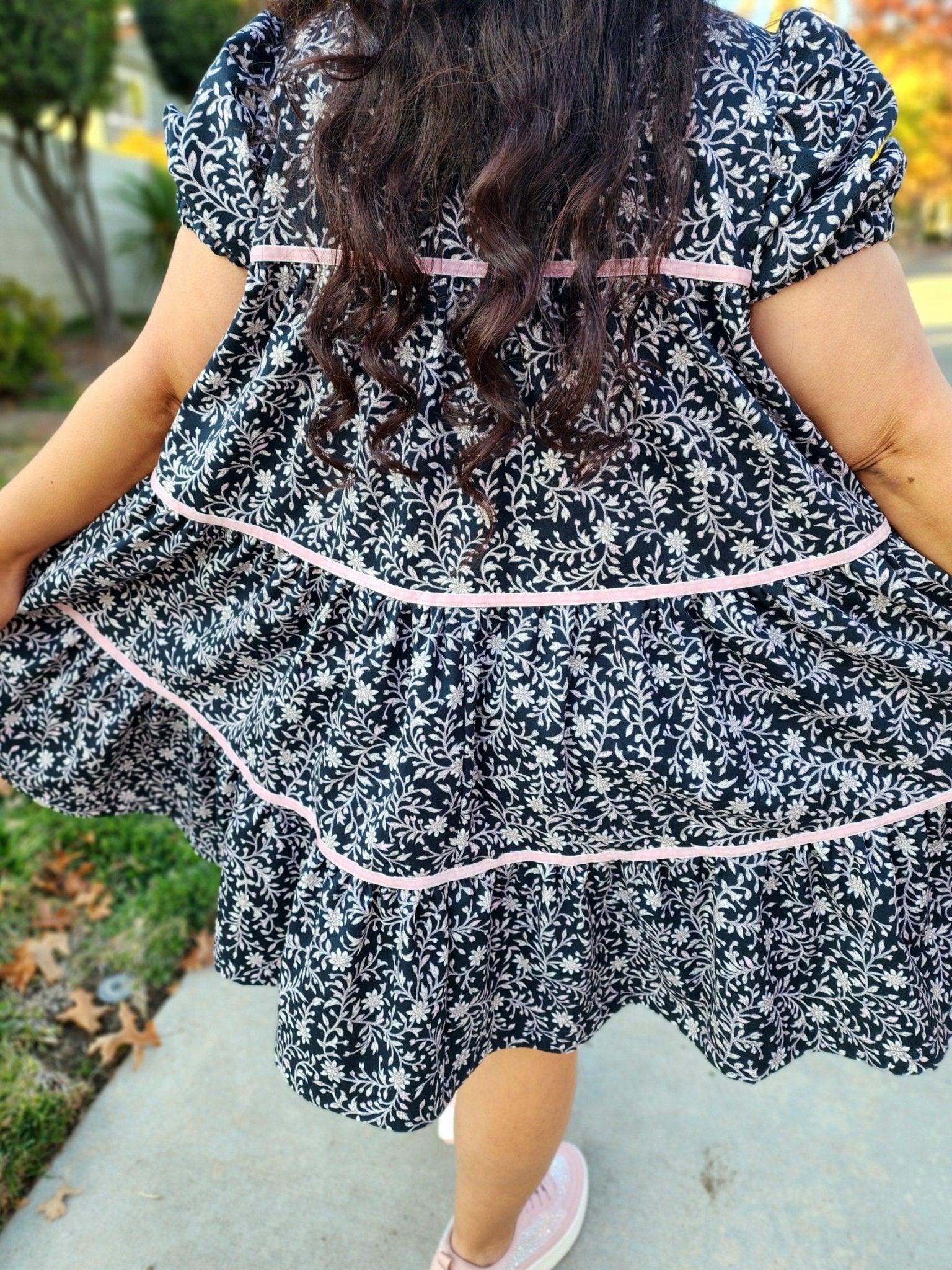 Topiary Blooms, Light Pink Print on Black, Twill Woven Fabric - Boho Fabrics - Twill, Woven