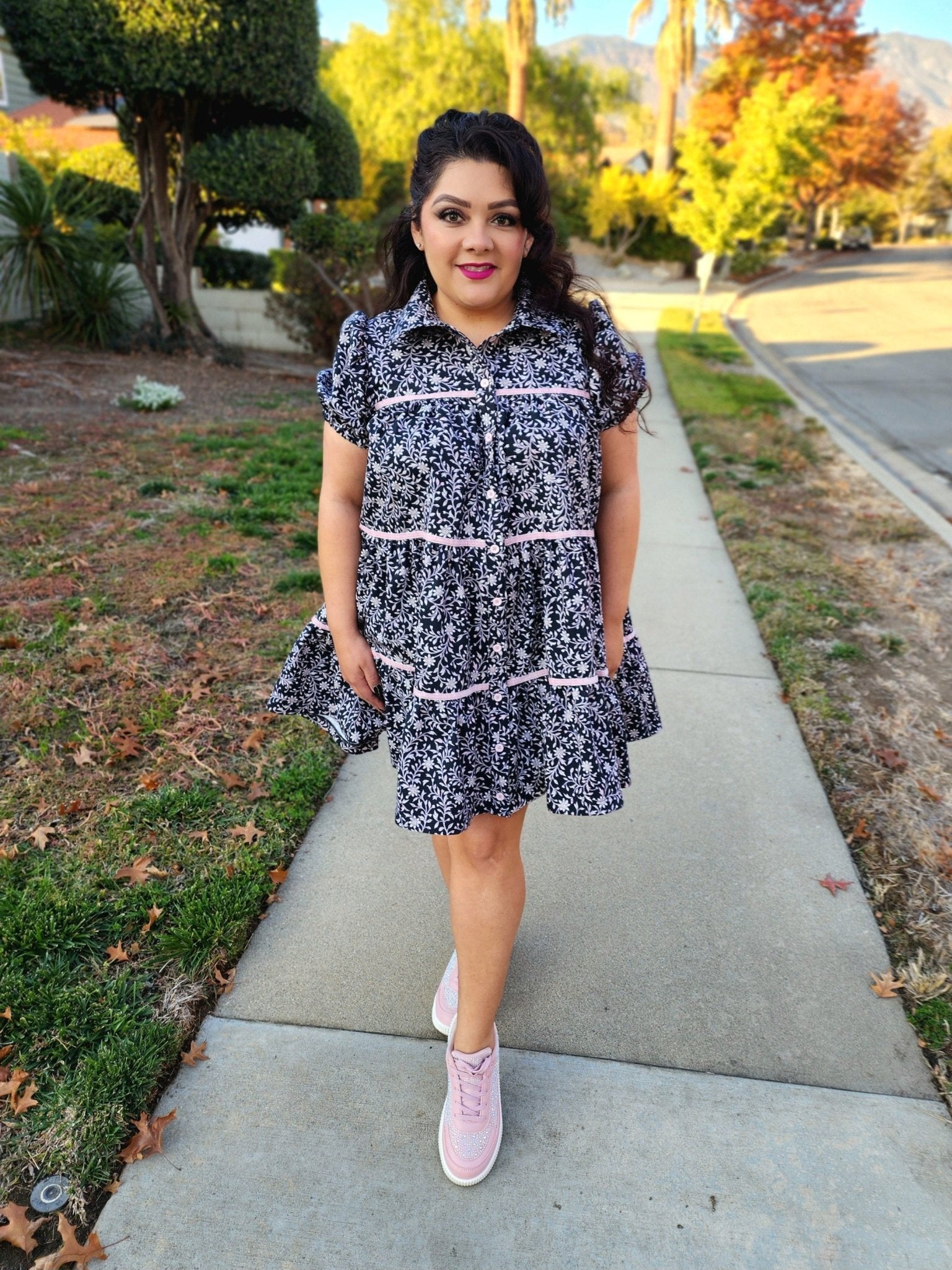 Topiary Blooms, Light Pink Print on Black, Twill Woven Fabric - Boho Fabrics - Twill, Woven