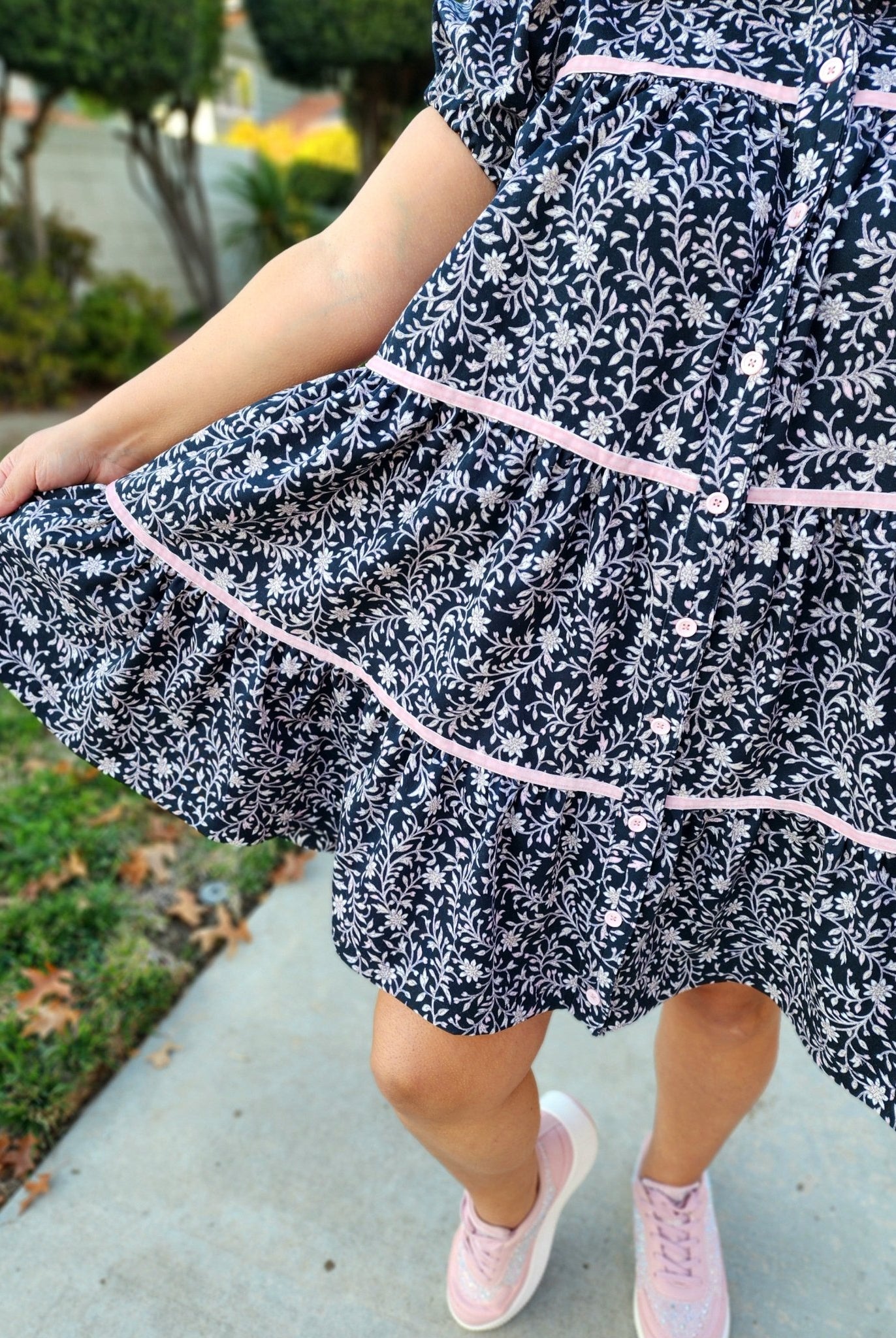 Topiary Blooms, Light Pink Print on Black, Twill Woven Fabric - Boho Fabrics - Twill, Woven