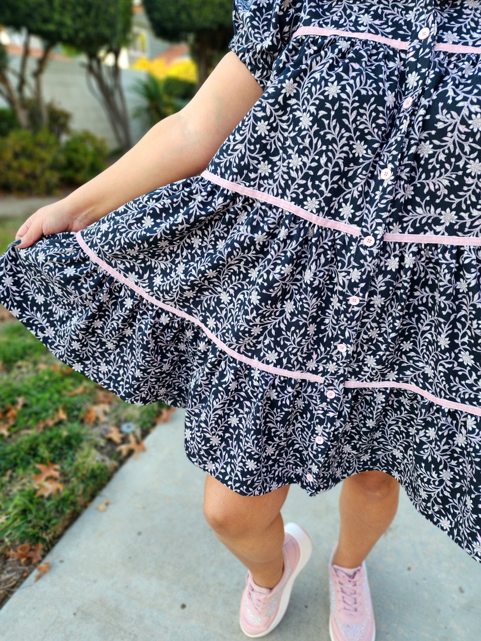 Topiary Blooms, Light Pink Print on Black, Twill Woven Fabric - Boho Fabrics - Twill, Woven