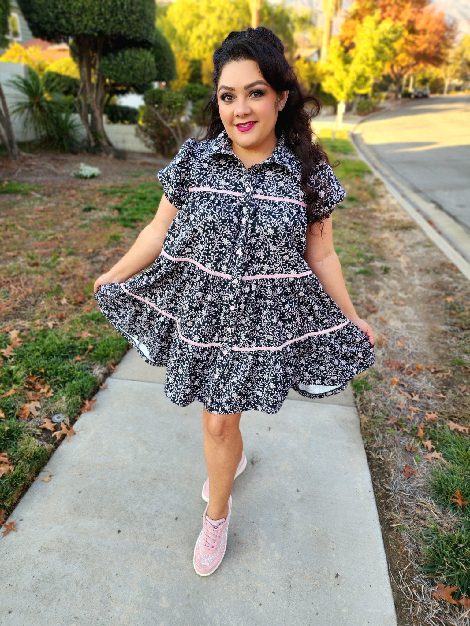 Topiary Blooms, Light Pink Print on Black, Twill Woven Fabric - Boho Fabrics - Twill, Woven