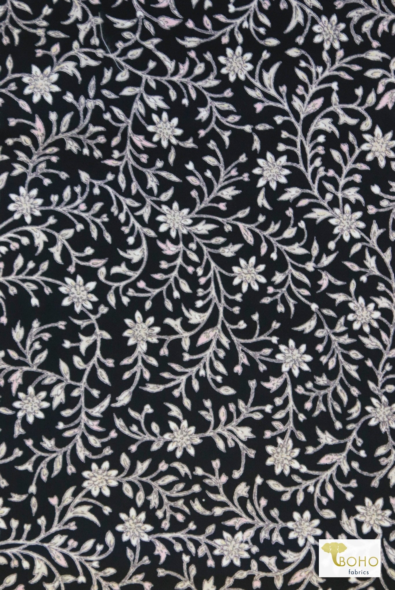 Topiary Blooms, Light Pink Print on Black, Twill Woven Fabric - Boho Fabrics - Twill, Woven