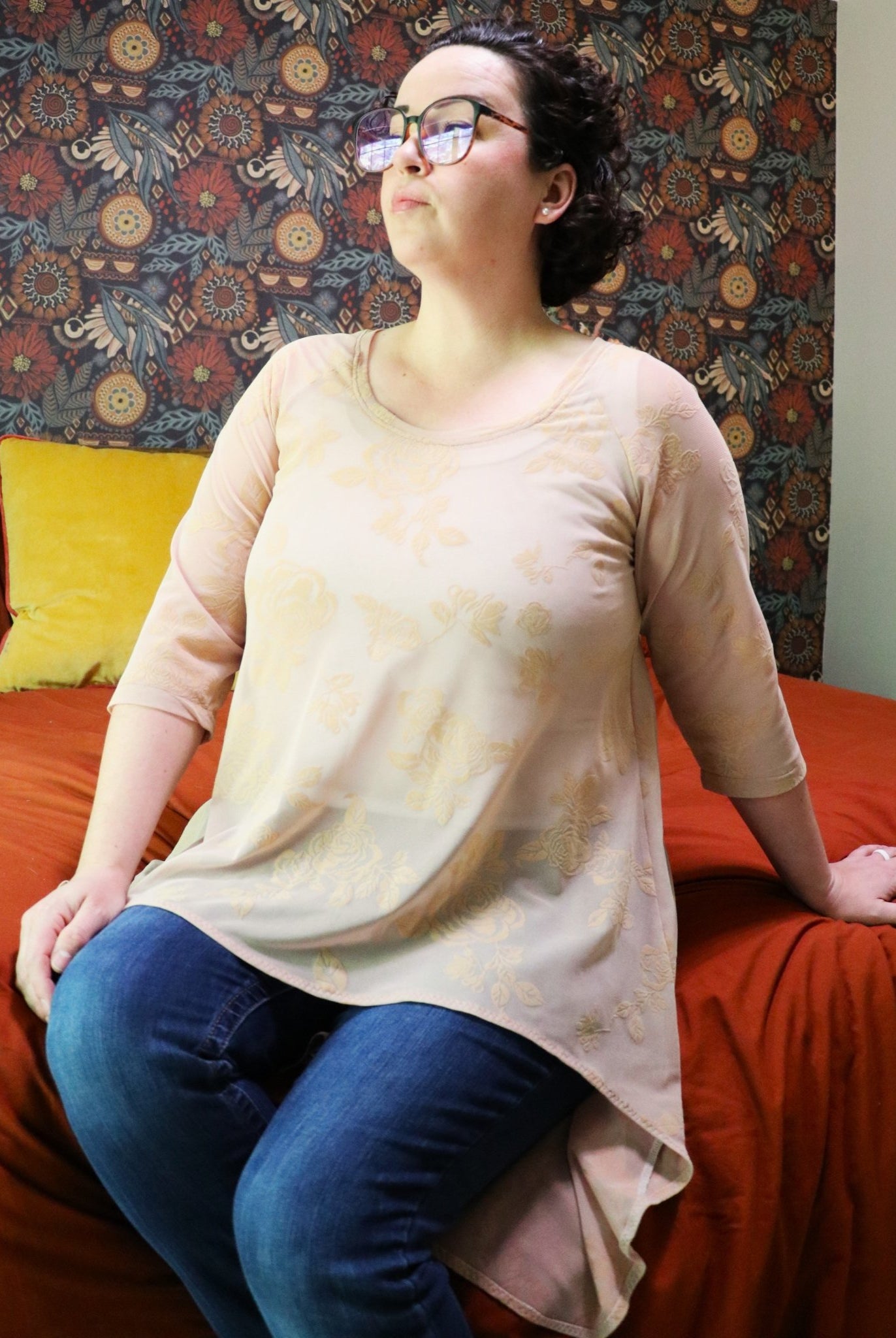 Velvet Roses on Peachy Pink. Flocked Power Mesh. SM - 104. - Boho Fabrics - Stretch Mesh