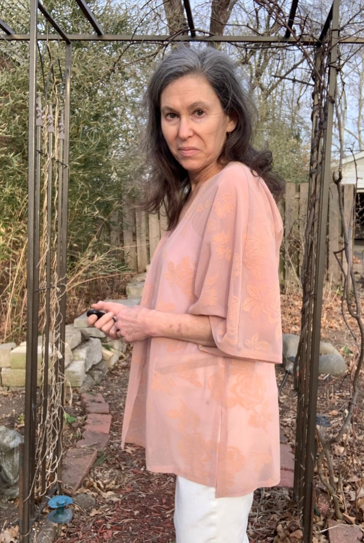 Velvet Roses on Peachy Pink. Flocked Power Mesh. SM-104. - Boho Fabrics