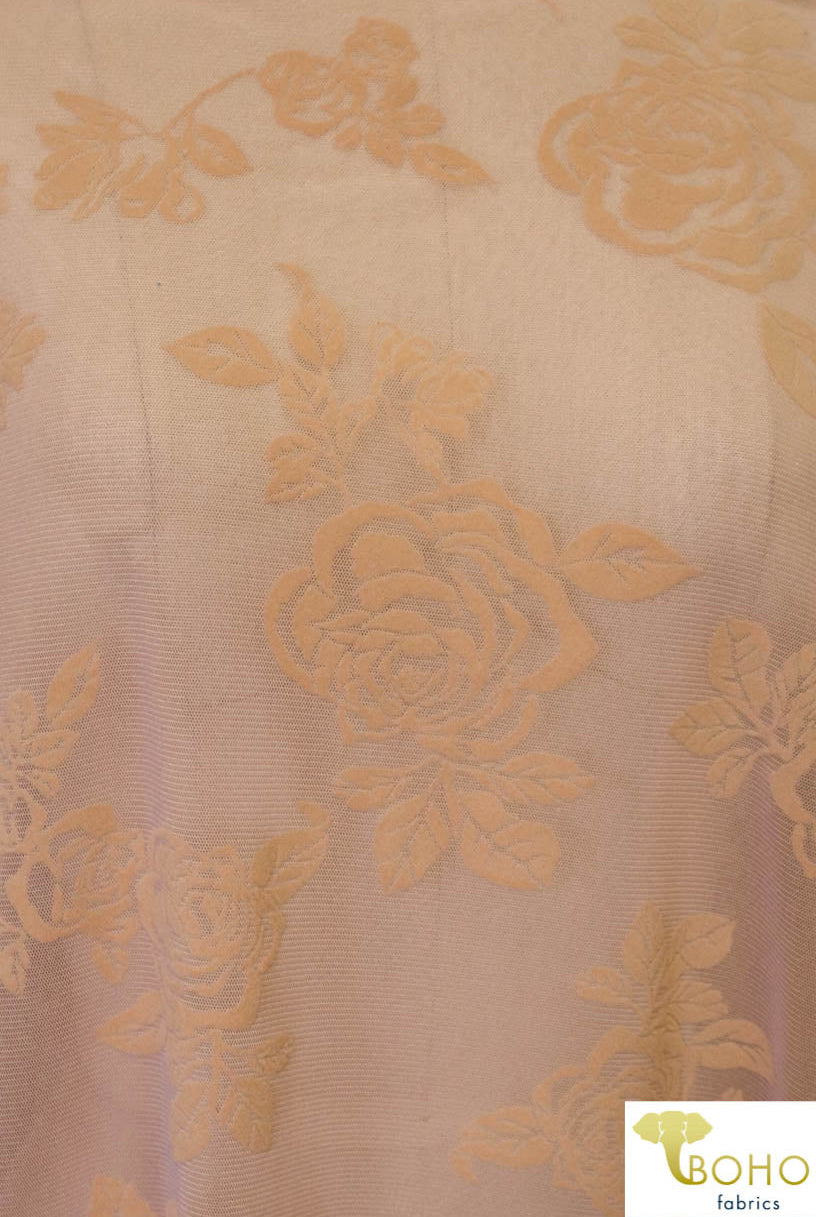 Velvet Roses on Peachy Pink. Flocked Power Mesh. SM-104. - Boho Fabrics