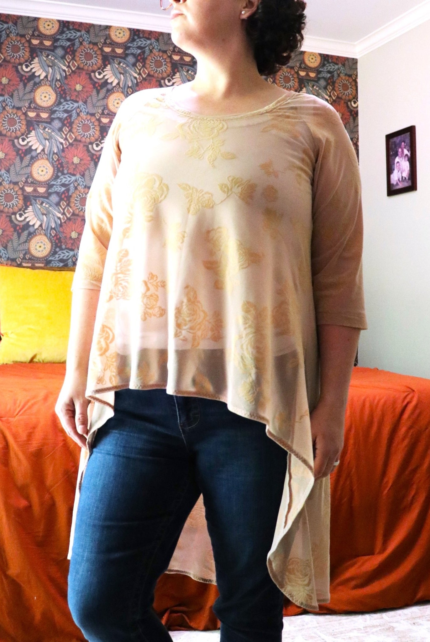 Velvet Roses on Peachy Pink. Flocked Power Mesh. SM - 104. - Boho Fabrics - Stretch Mesh