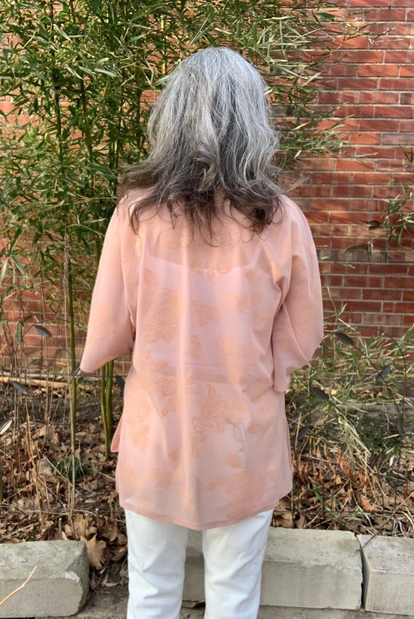 Velvet Roses on Peachy Pink. Flocked Power Mesh. SM-104. - Boho Fabrics