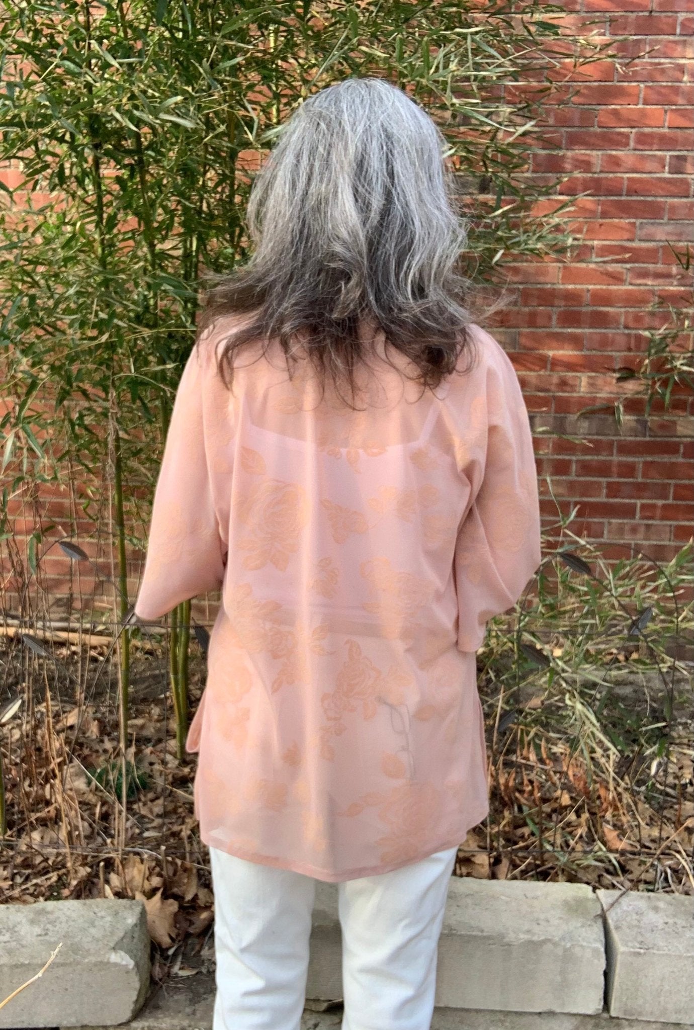 Velvet Roses on Peachy Pink. Flocked Power Mesh. SM-104. - Boho Fabrics