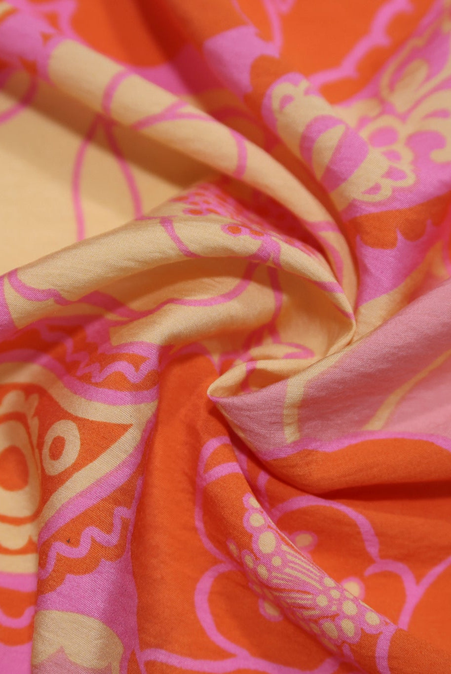 Vibrant Pink, Orange, and Beige Retro Floral Paisley Challis Woven Fabric - Boho Fabrics - Challis, Woven