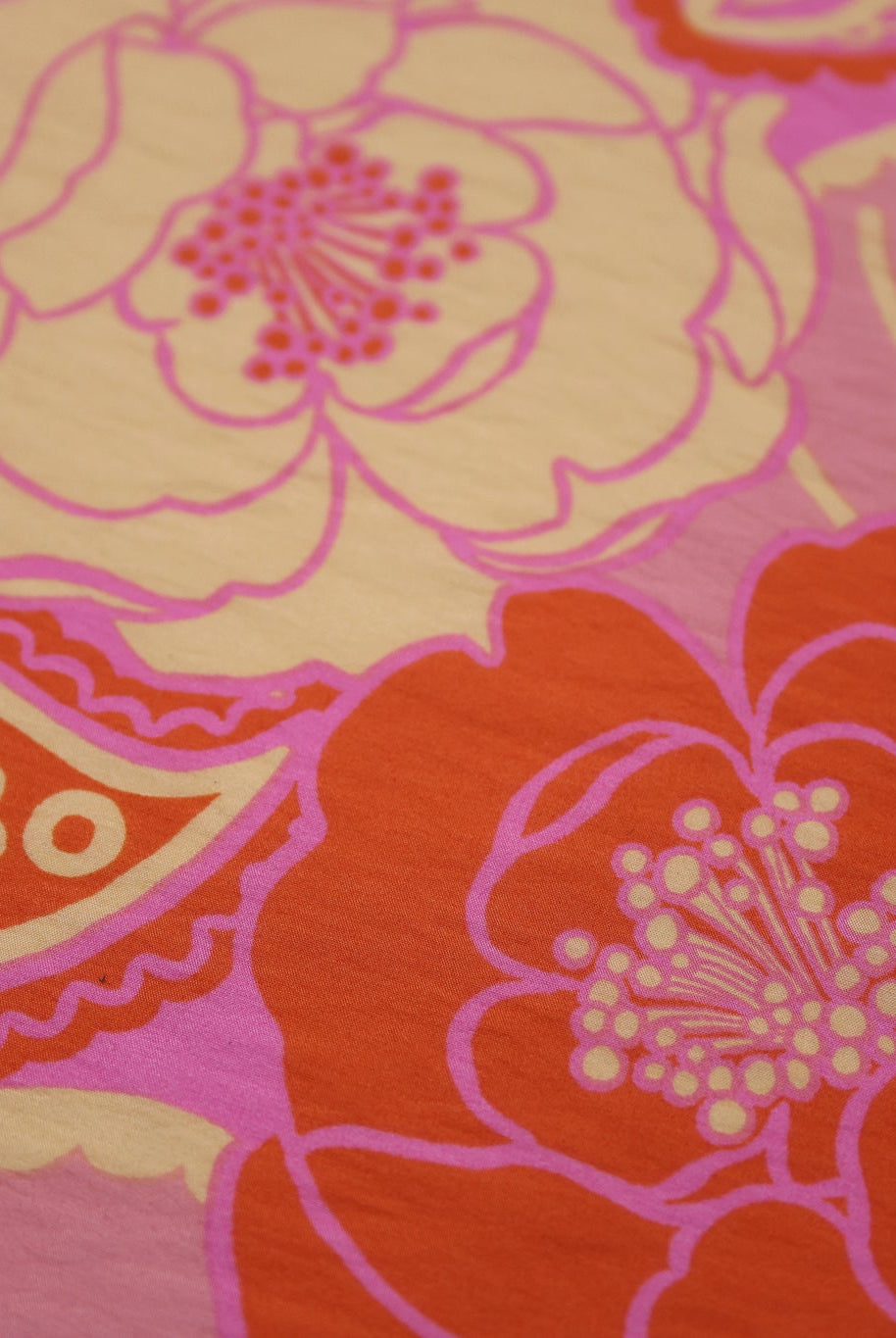 Vibrant Pink, Orange, and Beige Retro Floral Paisley Challis Woven Fabric - Boho Fabrics - Challis, Woven