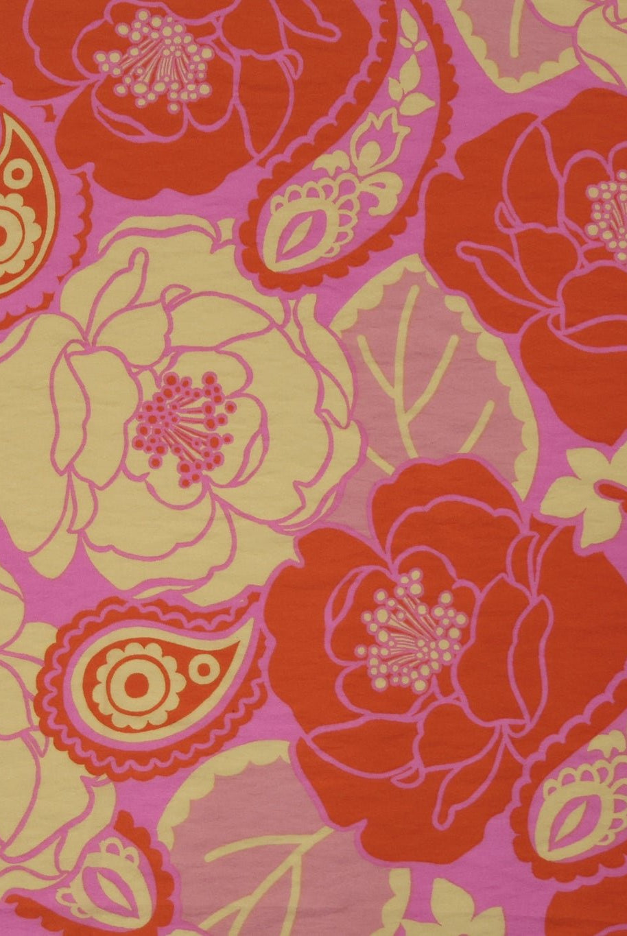 Vibrant Pink, Orange, and Beige Retro Floral Paisley Challis Woven Fabric - Boho Fabrics - Challis, Woven