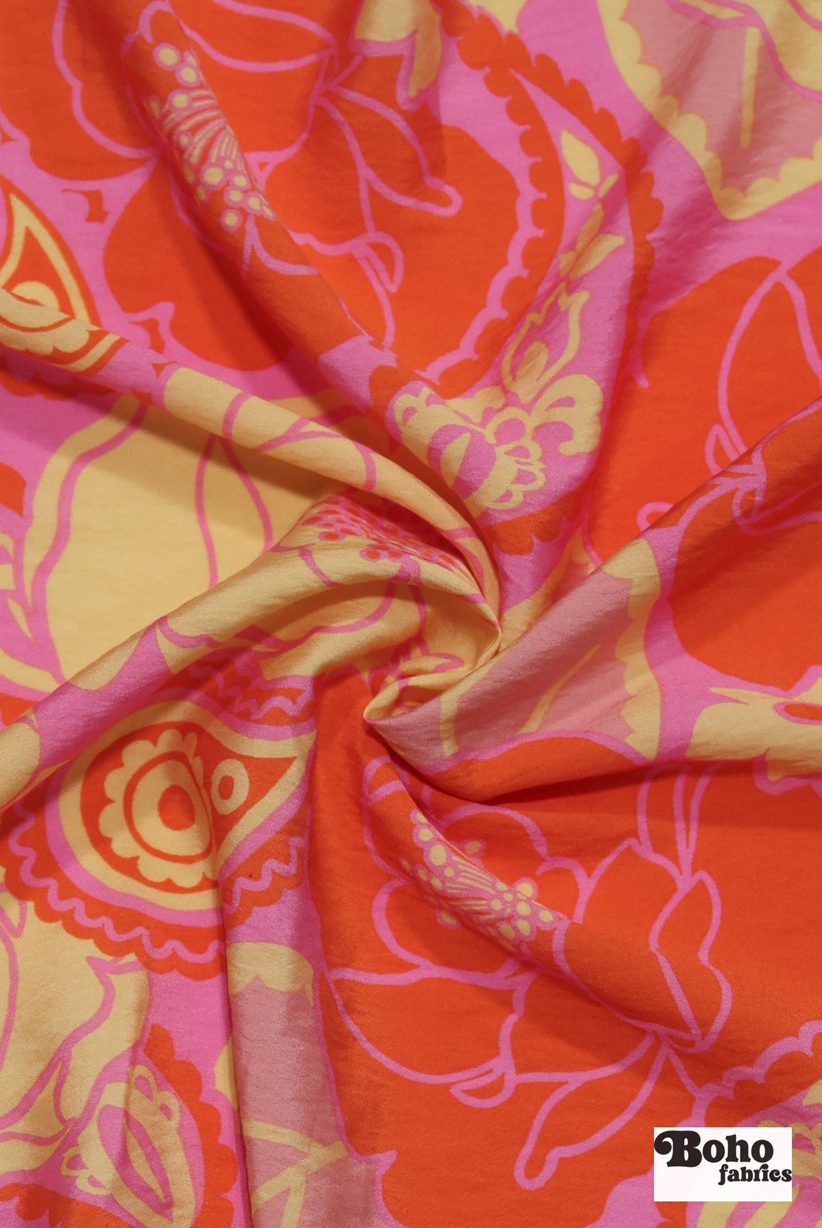 Vibrant Pink, Orange, and Beige Retro Floral Paisley Challis Woven Fabric - Boho Fabrics - Challis, Woven