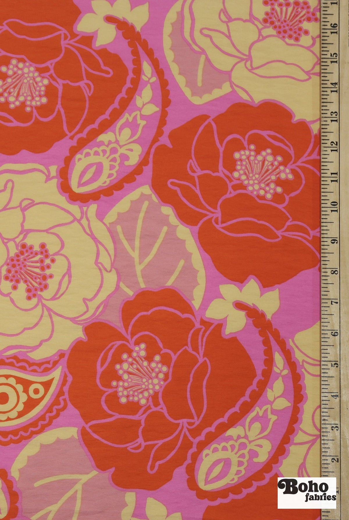 Vibrant Pink, Orange, and Beige Retro Floral Paisley Challis Woven Fabric - Boho Fabrics - Challis, Woven