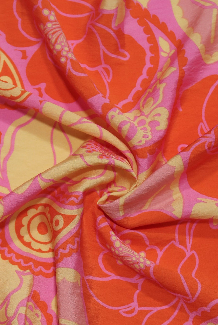 Vibrant Pink, Orange, and Beige Retro Floral Paisley Challis Woven Fabric - Boho Fabrics - Challis, Woven