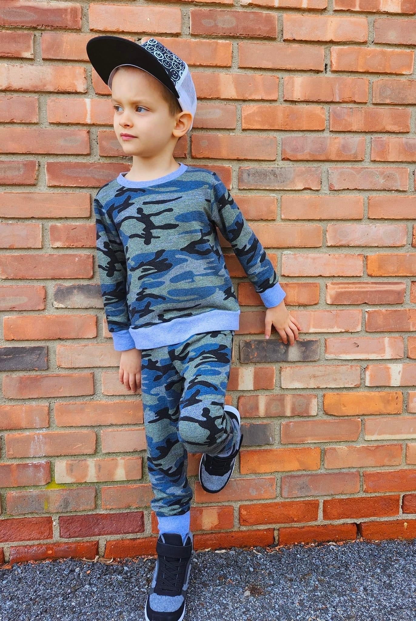 Vintage Blue Camo, Cotton French Terry Knit - Boho Fabrics