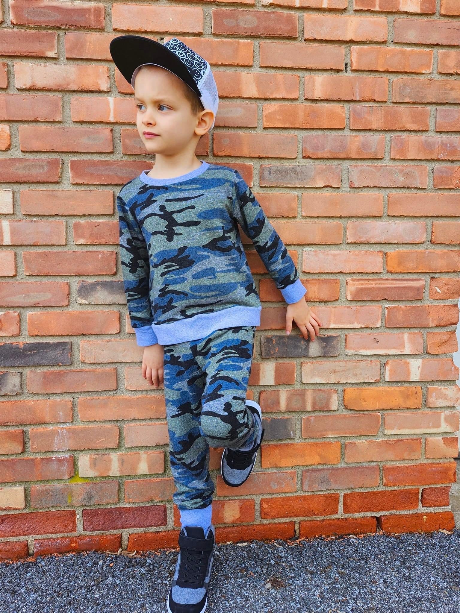 Vintage Blue Camo, Cotton French Terry Knit - Boho Fabrics