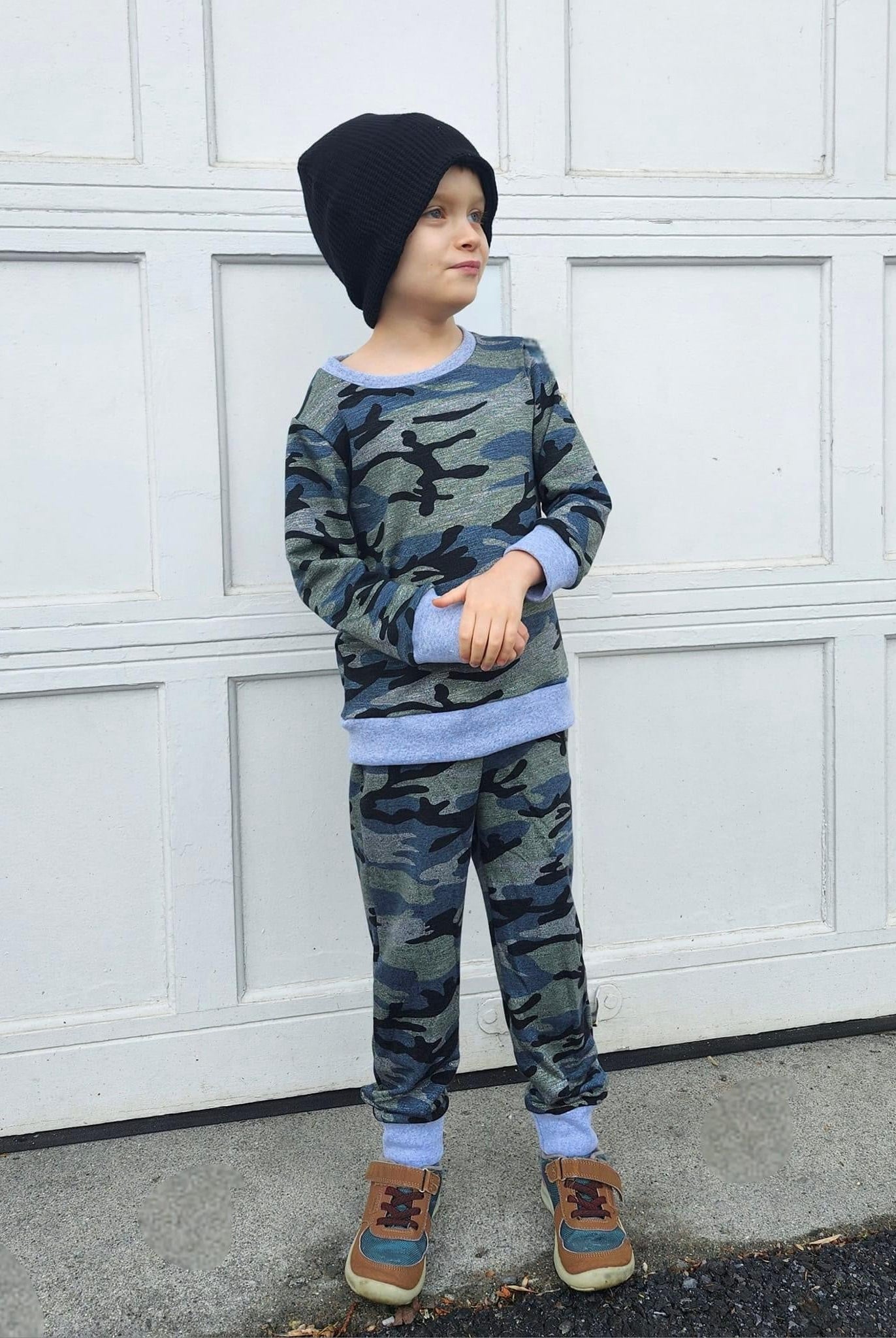 Vintage Blue Camo, Cotton French Terry Knit - Boho Fabrics