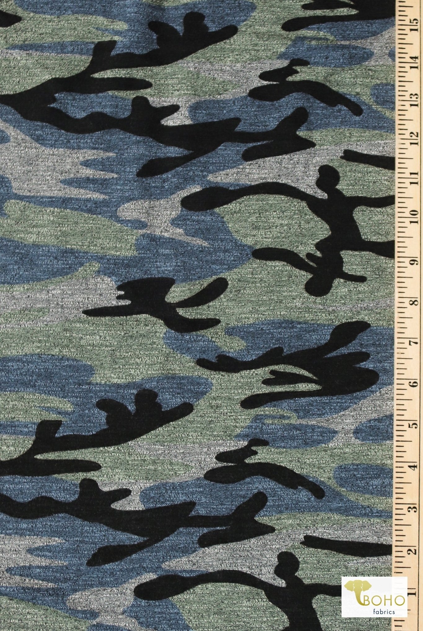 Vintage Blue Camo, Cotton French Terry Knit - Boho Fabrics