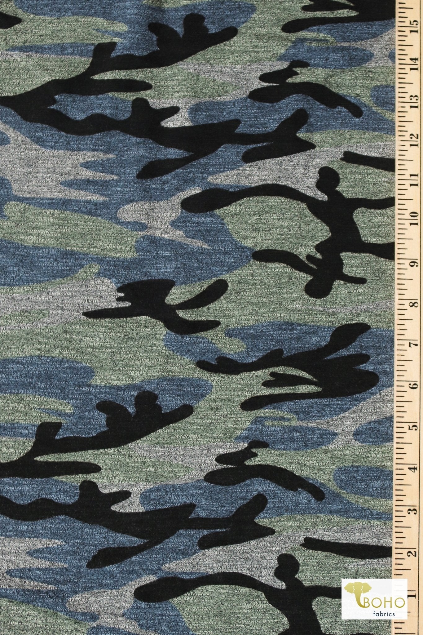 Vintage Blue Camo, Cotton French Terry Knit - Boho Fabrics